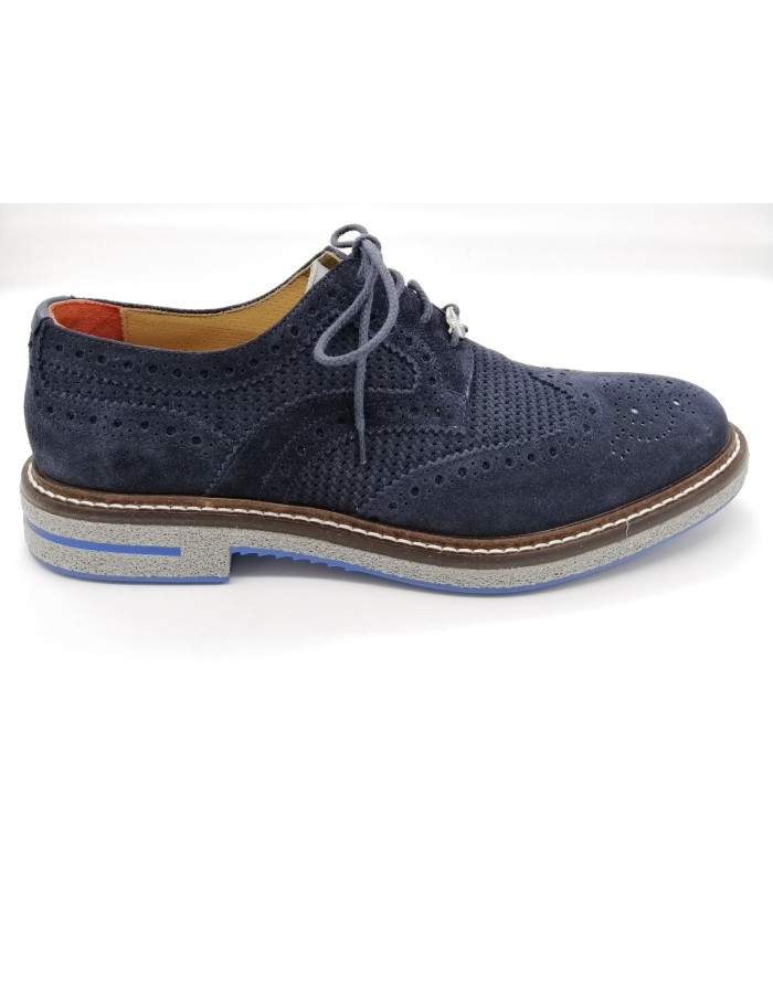 BRIMARTS 315074 DERBY DUILIO IN CAMOSCIO FUSTELLATO COLORE BLU,GUARDOLO IN CUOIO IMPUNTURATO E FONDO GOMMA MICROPOROSA
