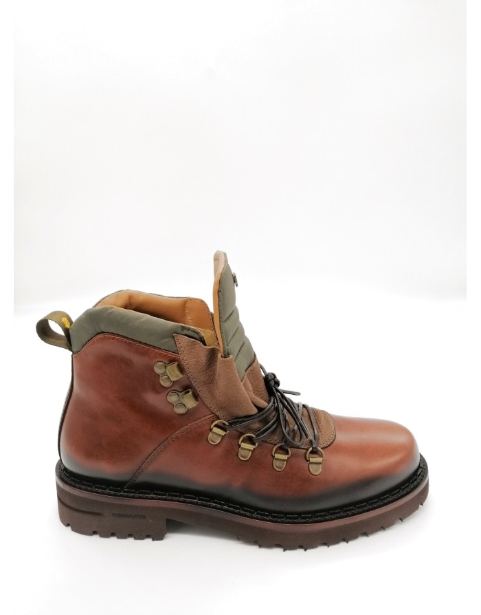 BRIMARTS 322300P, PEDULA IN VITELLO IN VITELLO COLORE CUOIO/SELLA CON RIPORTI IN NABUK BOTTALATO BROWN E TESSUTO TECNICO VERDE,