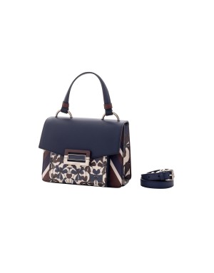 CROMIA BORSA MEDIA IN VITELLO COLORE BLU/MULTI CON STAMPA FIORATA, CHIUSURA CON PATTA, MANICO E TRACOLLA STACCABILE/REGOLABILE
