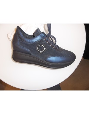 AGILE RUCOLINE 1304 SNEAKER LACCI IN VITELLO LAMINATO E CORDURA COLORE BLU, FONDO ZEPPA GOMMA 4CM