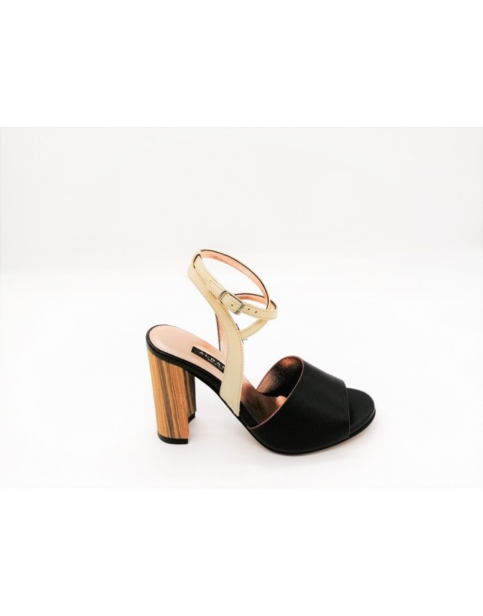 ALBANO 1647 SANDALO 1 FASCIA IN VITELLO COLORE NERO CON CINTURINO ALLA CAVIGLIA COLORE BEIGE,.TACCO SFORMATO LEGNO 8,5 CM