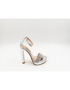 ALBANO 2132 SANDALO IN NAPPA LAMINATA ARGENTO CON CINTURINO ALLA CAVIGLIA E FASCIA CON STRASSE CRISTAL, TACCO FASCIATO 12 CM CO