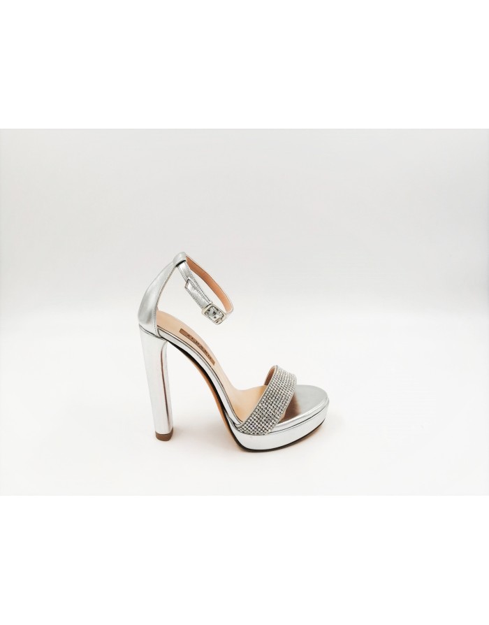 ALBANO 2132 SANDALO IN NAPPA LAMINATA ARGENTO CON CINTURINO ALLA CAVIGLIA E FASCIA CON STRASSE CRISTAL, TACCO FASCIATO 12 CM CO