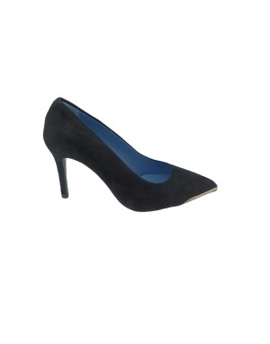 ALBANO 2349 DECOLLETE' IN CAMOSCIO COLORE NERO, PUNTALINO DORATO, TACCO FASCIATO 8CM, FONDO CUOIO/GOMMA