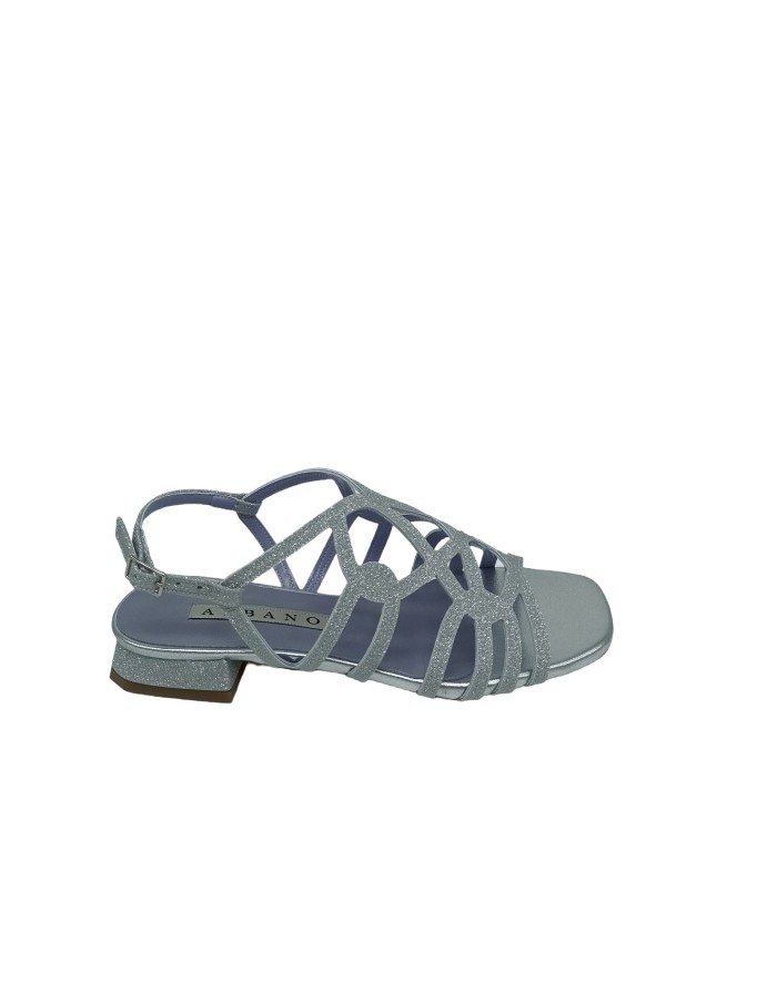ALBANO 3232, SANDALO ACCOLLATO, TOMAIA A FASCETTE INCROCIATE IN MESH COLORE ARGENTO TACCO FASCIATO 3CM , FONDO CUOIO