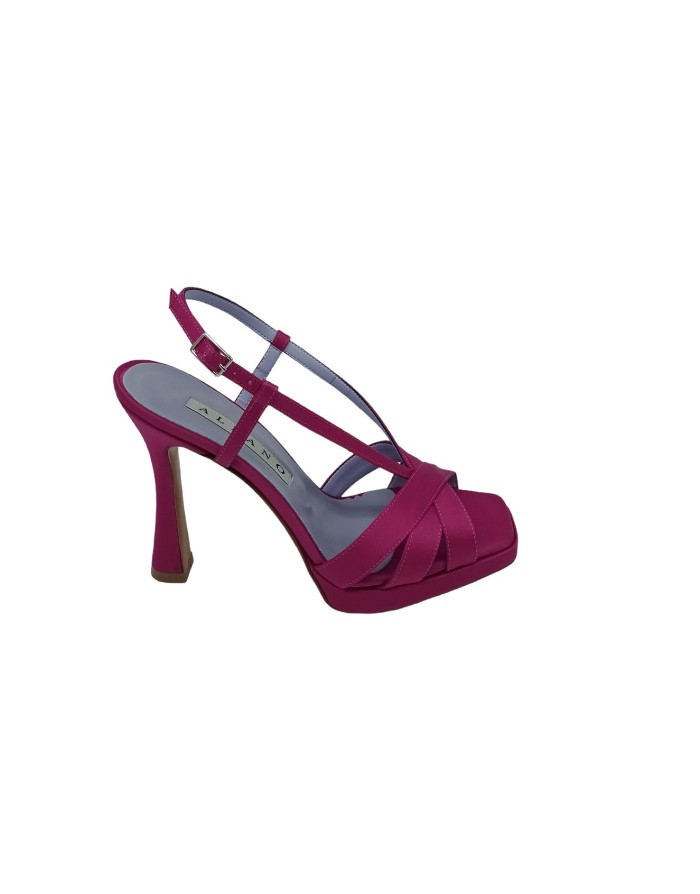 ALBANO 3386, SANDALO A FASCE INCROCIATE IN RASO COLORE FUXIA, TACCO FASCIATO 10CM CON PLATEAU, FONDO CUOIO