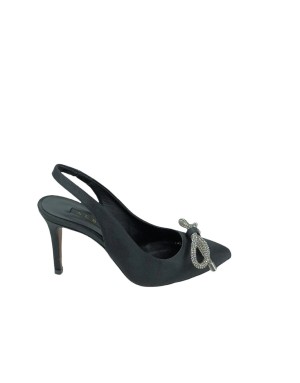 ALBANO A3156, CHANEL IN RASO COLORE NERO CON FIOCCO IN STRASSE CRISTAL, TACCO FASCIATO 9CM