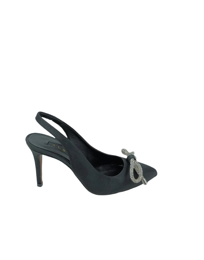 ALBANO A3156, CHANEL IN RASO COLORE NERO CON FIOCCO IN STRASSE CRISTAL, TACCO FASCIATO 9CM