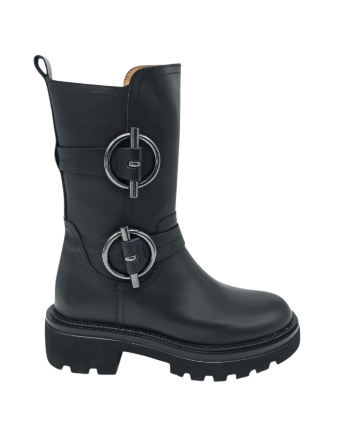 ALBANO ANFIBIO LISCIO IN VITELLO COLORE NERO, LAMPO E ACCESSORI LATERALI, FONDO GOMMA CARRO 5CM