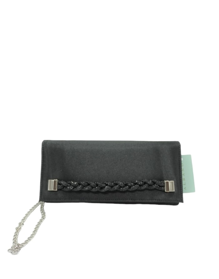 ALBANO B012, BORSA/POCHETTE IN RASO COLORE NERO CON CORDONCINO IN STRASSE NERI, CATENA/TRACOLLA ACCIAIO