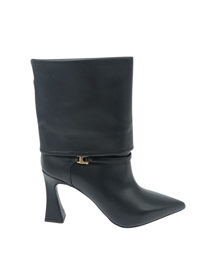 ALBANO TRONCHETTO LISCIO CON GHETTA, TOMAIA IN VITELLO COLORE NERO, TACCO FASCIATO 9CM