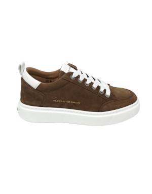 ALEXANDER SMITH BOND MAN SNEAKER LACCI IN NABUK BOTTALATO COLORE BROWN CON TOPPONCINO IN VITELLO BIANCO, OCCHIELLI ACCIAIO, FON