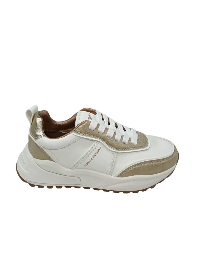 ALEXANDER SMITH ECO-DOVER  WOMAN SNEAKER LACCI IN ECOPELLE COLORE BIANCO CON RIPORTI IN LAMINATO PLATINO, FONDO GOMMA RUNNING 4