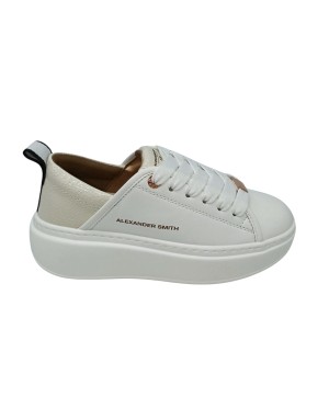 ALEXANDER SMITH ECO-WEMBLEY WOMAN, SNEAKER LACCI IN SIMILPELLE COLORE BIANCO CON TOPPONCINO IN VERNICE AVORIO, FONDO GOMMA EXTR