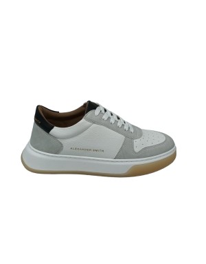 ALEXANDER SMITH HARROW MAN, SNEAKER LACCI CON VASCHETTA, TOMAIA IN VITELLO BOTTALATO COLORE BIANCO CON RIPORTI GRIGI E TOPPONCI