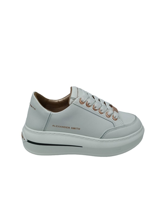 ALEXANDER SMITH LANCASTER WOMAN, SNEAKER LACCI  CON VASCHETTA, TOMAIA IN ECOPèELLE COLORE BIANCO CON PRTOFILI IN VERNICE IN TIN