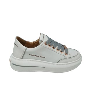 ALEXANDER SMITH LANCASTER WOMAN, SNEAKER LACCI  CON VASCHETTA, TOMAIA IN ECOPELLE COLORE BIANCO CON PRTOFILI IN IN GRIGIO PERLA