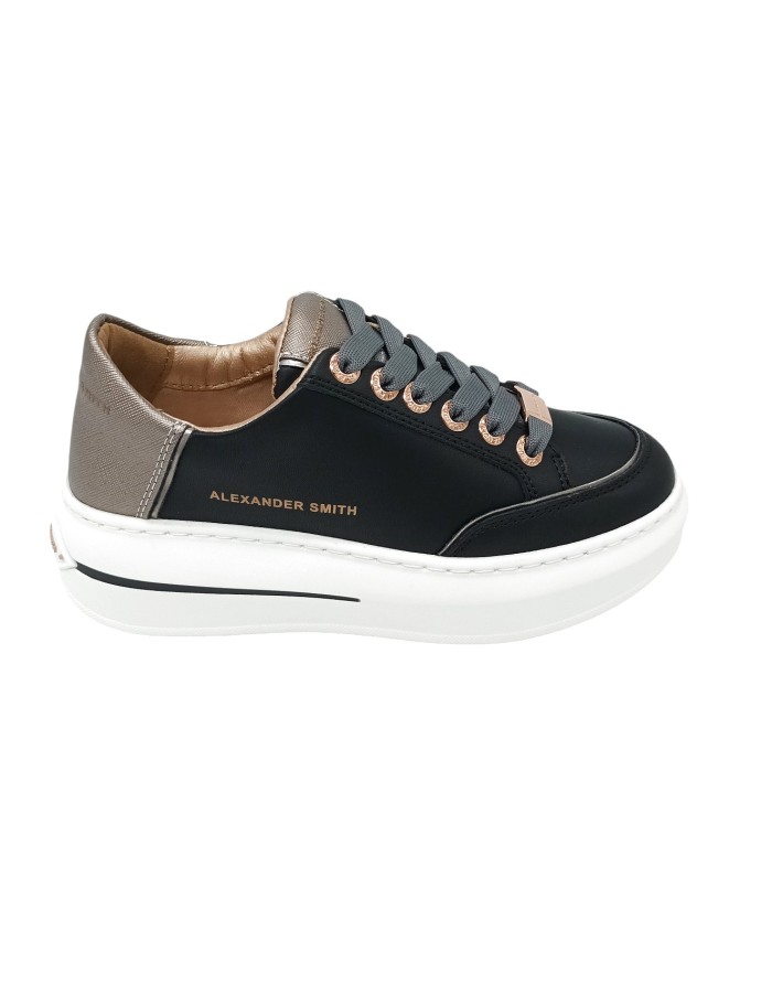ALEXANDER SMITH LANCASTER WOMAN, SNEAKER LACCI  CON VASCHETTA, TOMAIA IN ECOPELLE COLORE NERO CON PRTOFILI E TOPPONCINO IN LAMI
