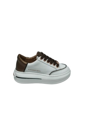 ALEXANDER SMITH LANCASTER WOMAN, SNEAKER LACCI IN VITELLO  COLORE BIANCO CON TOPPONCINO LAMINATO BRONZO E LACCIO T.MORO, FONDO 
