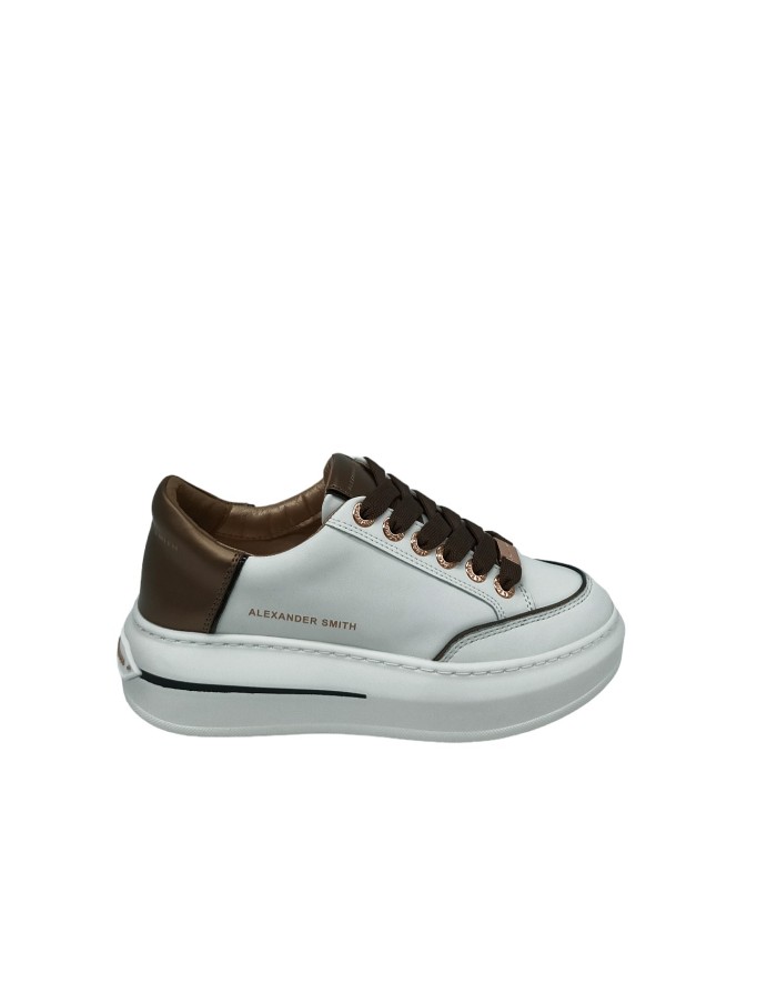 ALEXANDER SMITH LANCASTER WOMAN, SNEAKER LACCI IN VITELLO  COLORE BIANCO CON TOPPONCINO LAMINATO BRONZO E LACCIO T.MORO, FONDO 