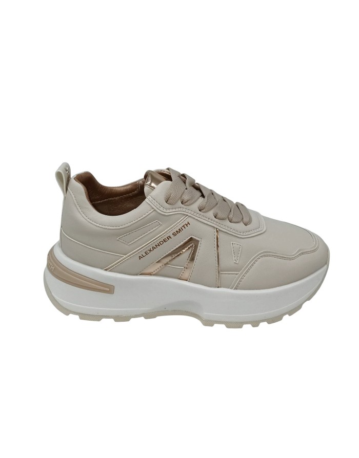 ALEXANDER SMITH LIVERPOOL WOMAN SNEAKER LACCI IN VITELLO COLORE BEIGE CON PROFILI IN LAMINATO CHAMPAGNE, FONDO GOMMA RUNNING 4,