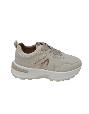 ALEXANDER SMITH LIVERPOOL WOMAN SNEAKER LACCI IN VITELLO COLORE BEIGE CON PROFILI IN LAMINATO CHAMPAGNE, FONDO GOMMA RUNNING 4,