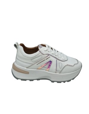 ALEXANDER SMITH LIVERPOOL WOMAN SNEAKER LACCI IN VITELLO E TESSUTO COLORE BIANCO CON PROFILI IN LAMINATO CHAMPAGNE, FONDO GOMMA