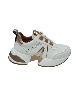 ALEXANDER SMITH MARBLE WOMAN, SNEAKER IN ECOPELLE  VERNICE E LAMINATO COLORE BIANCO CON PROFILI CHAMPAGNE, FONDO GOMMA BICOLOR 