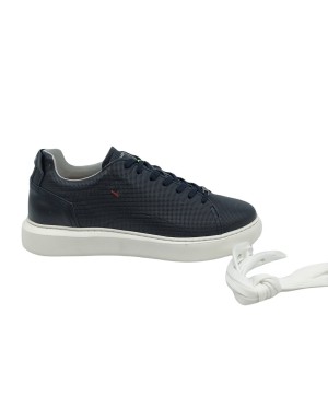 AMBITIOUS 10443, SNEAKER LACCI IN VITELLO MILLEFORI COLORE BLU, FONDO GOMMA EXTRA LIGHT BIANCO