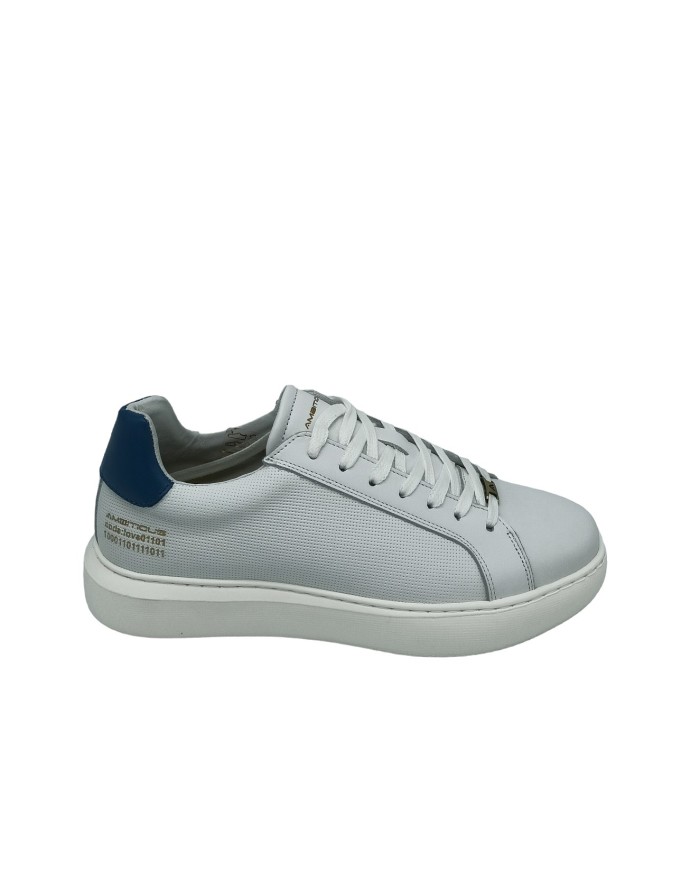 AMBITIOUS 10634A, SNEAKER LACCI IN VITELLO  COLORE BIANCO CON TOPPONCINO AZZURRO, FONDO GOMMA EXTRA LIGHT