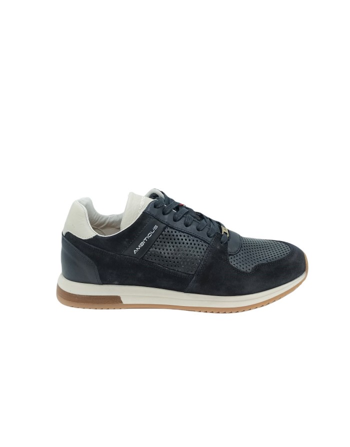 AMBITIOUS 11240, SNEAKER LACCI IN VITELLO MICROFORATO E CAMOSCIO COLORE BLU, FONDO GOMMA
