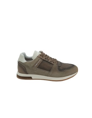 AMBITIOUS 11240, SNEAKER LACCI IN VITELLO MICROFORATO E CAMOSCIO COLORE TAUPE, FONDO GOMMA