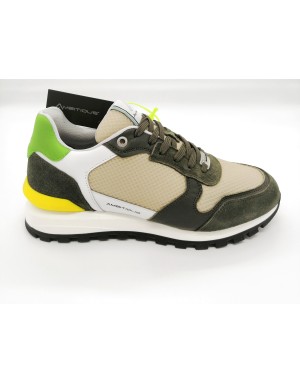 AMBITIOUS 11539 SNEAKER LACCI IN CAMOSCIO E VITELLO COLORE VERDE CON TESSUTO TECNICO COLORE BEIGE, RIPORTI BIANCO/VERDE/GIALLO,