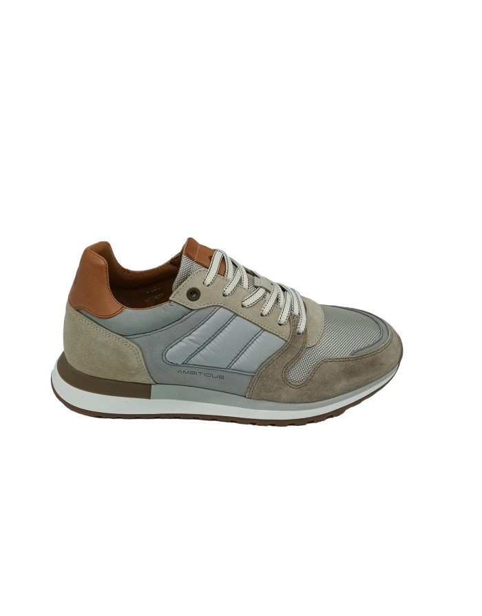 AMBITIOUS 12554A, SNEAKER LACCI IN CAMOSCIO E TESSUTI TECNICI  COLORE TORTORA/GRIGIO/BEIGE CON TOPPONCINO IN VITELLO CUOIO, FON