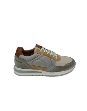 AMBITIOUS 13257, SNEAKER LACCI IN VITELLO, CAMOSCIO E TESSUTO TECNICO COLORE BEIGE/CUOIO, FONDO GOMMA RUNNING