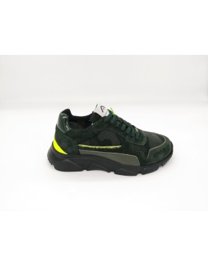 AMBITIOUS 9509A-1352AM,SNEAKER LACCI IN CAMOSCIO,VITELLO E TESSUTO CAMOUFLAGE COLORE VERDE,TOPPONCINO AL TALLONE GIALLO FLUO,FO