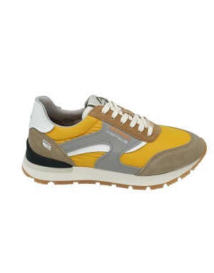 AMBITIOUS SNEAKER LACCI IN CAMOSCIO E TESSUTO TECNICO COLORE BEIGE/GIALLO CON RIPORTI IN VITELLO GRIGIO/BIANCO, FONDO GOMMA