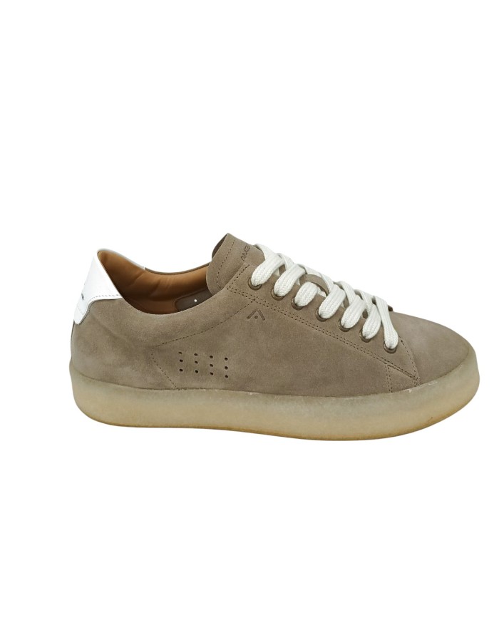 AMBITIOUS SNEAKER LACCI IN CAMOSCIO INGRASSATO COLORE TAUPE CON TOPPONCINO IN VITELLO BIANCO, FONDO GOMMA