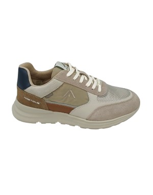 AMBITIOUS SNEAKER LACCI IN CAMOSCIO, TESSUTO TECNICO E TESSUTO RETATO COLORE TAUPE CON TOPPONCINO BLU, FONDO GOMMA EXTRA LIGHT