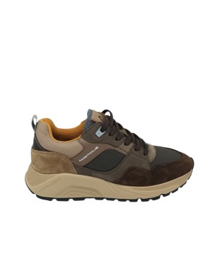 AMBITIOUS SNEAKER LACCI IN CAMOSCIO, VITELLO E TESSUTO TECNICO COLOE BROWN/MULTI, FONDO GOMMA EXTRA LIGHT