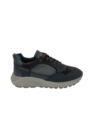 AMBITIOUS SNEAKER LACCI IN CAMOSCIO, VITELLO E TESSUTO TECNICO COLOE NERO-BROWN MULTI, FONDO GOMMA EXTRA LIGHT