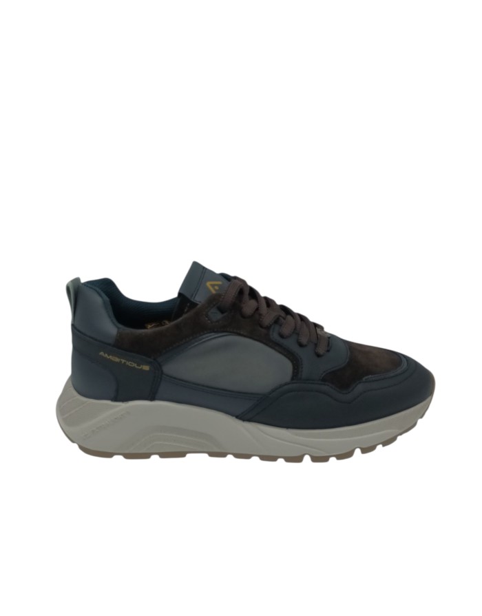 AMBITIOUS SNEAKER LACCI IN CAMOSCIO, VITELLO E TESSUTO TECNICO COLOE NERO-BROWN MULTI, FONDO GOMMA EXTRA LIGHT