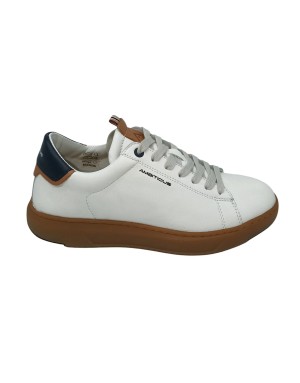 AMBITIOUS SNEAKER LACCI IN VITELLO  COLORE BIANCO CON TOPPONCINO IN VITELLO BLU/CUOIO, FONDO GOMMA MIELE