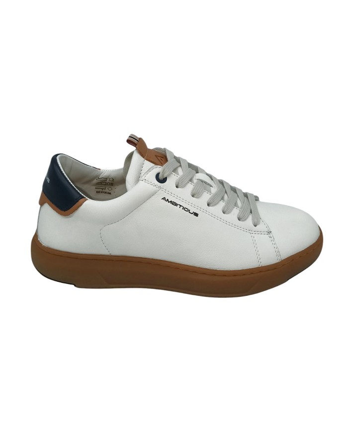 AMBITIOUS SNEAKER LACCI IN VITELLO  COLORE BIANCO CON TOPPONCINO IN VITELLO BLU/CUOIO, FONDO GOMMA MIELE