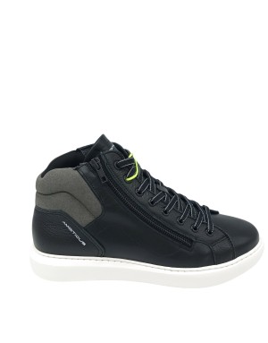 AMBITIOUS SNEAKER MID LACCI E LAMPO LATERALE, TOMAIA IN VITELLO COLORE NERO CON TOPPONCINO IN TESSUTO ANTRACITE, FONDO GOMMA EX