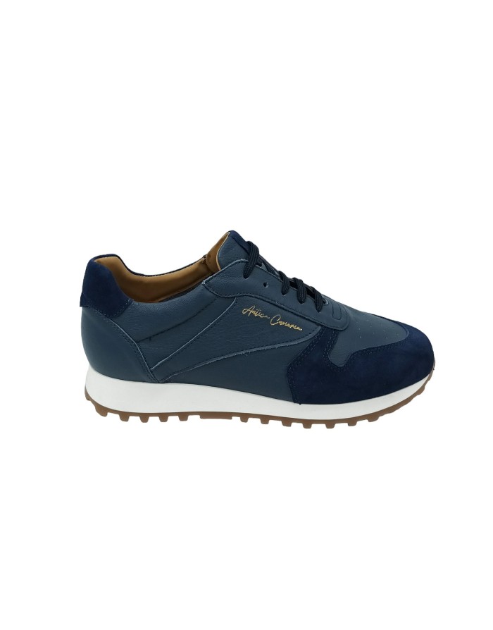 ANTICA CUOIERIA 22689 SNEAKER LACCI IN VITTELLO 1/2 FODERA COLORE BLU CON RIPORTI IN CAMOSCIO IN TINTA, FONDO GOMMA RUNNING