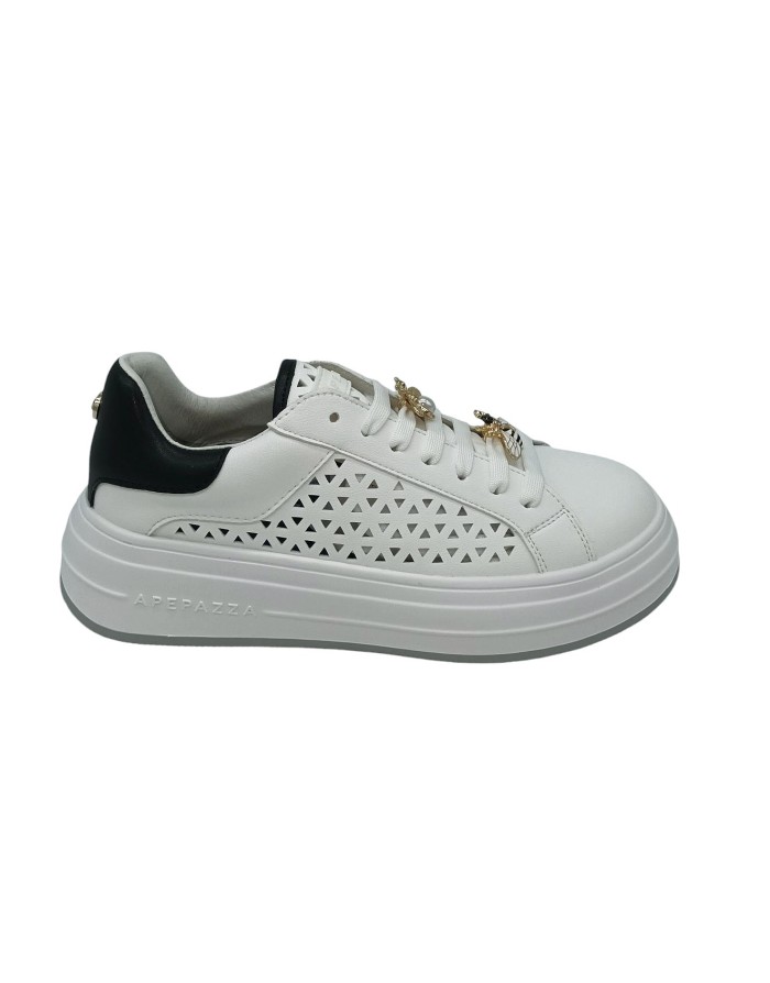 APEPAZZA LARA SNEAKER LACCI IN VITELLO FORATO COLORE BIANCO CON TOPPONCINO NERO, ACCESSORIO STACCABILE CON APETTE SUL LACCIO, F