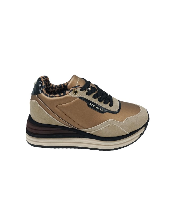 APEPAZZA SNEAKER LACCI IN CAMOSCIO E VITELLO COLORE BEIGE/BRONZO CON PROFILI IN VERNICE NERA, PROFILO FODERA MACULATO, FONDO MI