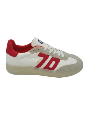 BACK 70  BOSTON SNEAKER LACCI IN VITELLO E CAMOSCIO COLORE BIANCO/AVORIO CON RIPORTI IN VITELLO ROSSO, FONDO GOMMA