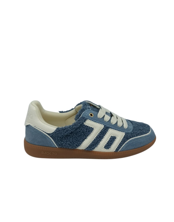 BACK 70 CLOUD SNEAKER LACCI IN CAMOSCIO, TEDDY E VITELLO COLORE JEANS-AVORIO, FONDO GOMMA 3CM